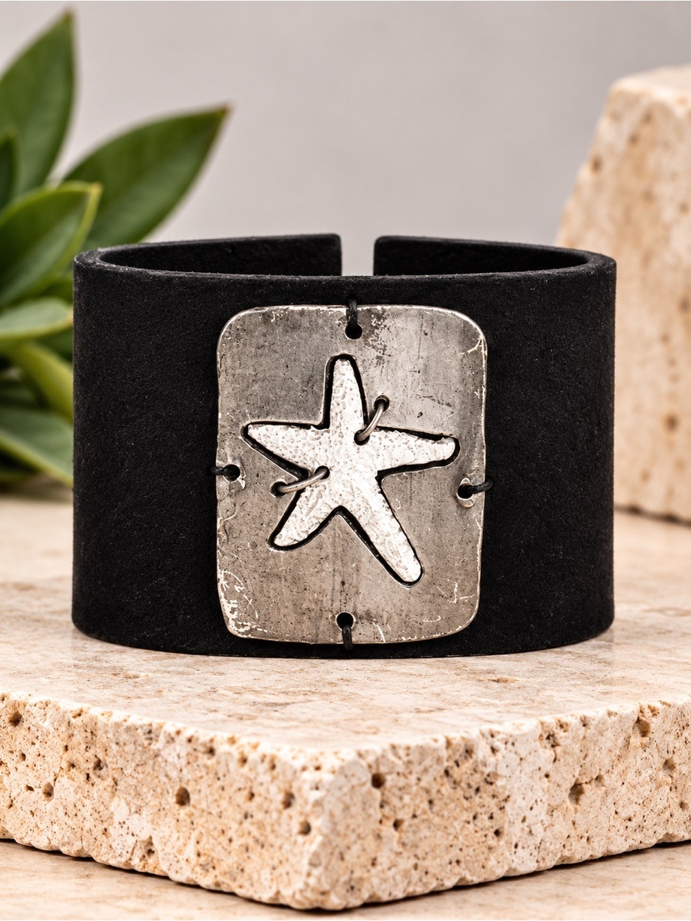 Handmade Silver Tone Starfish Leather Cuff Bracelet